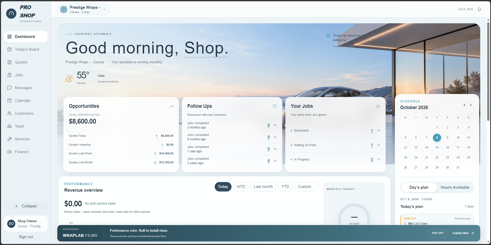 The owner's dashboard: open quotes, follow-ups, active jobs and the month's schedule