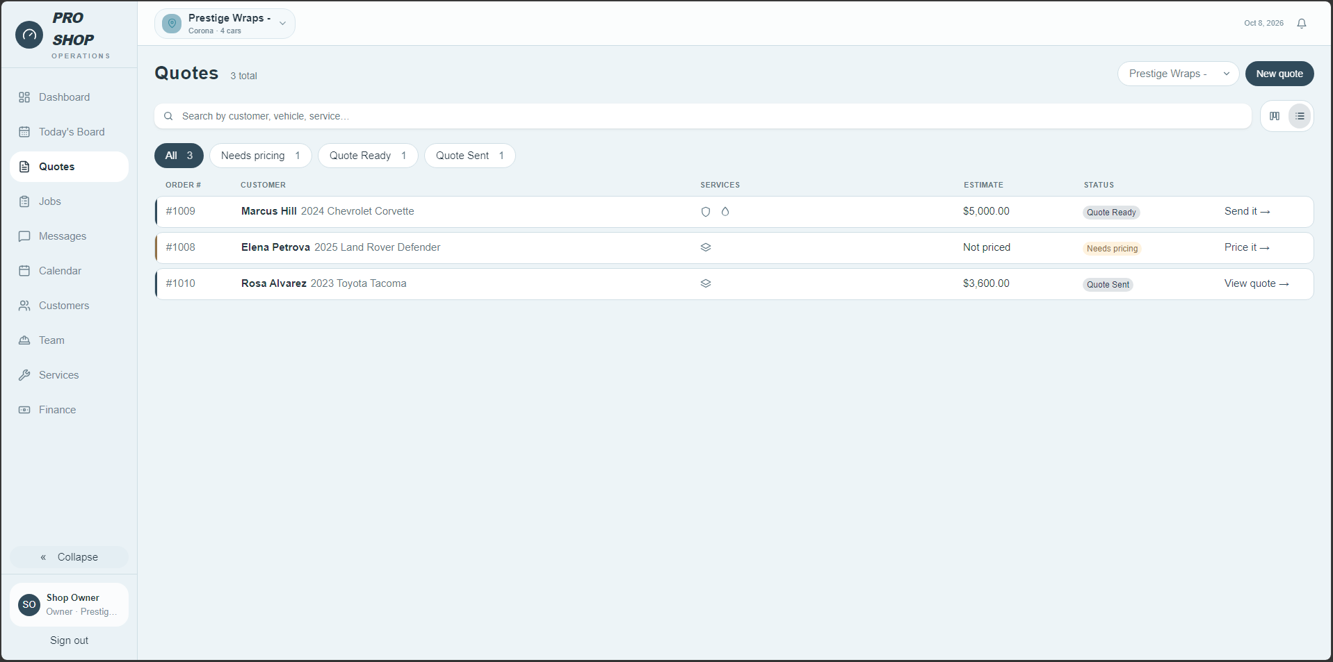 The quotes list, with each quote's services, estimate and status